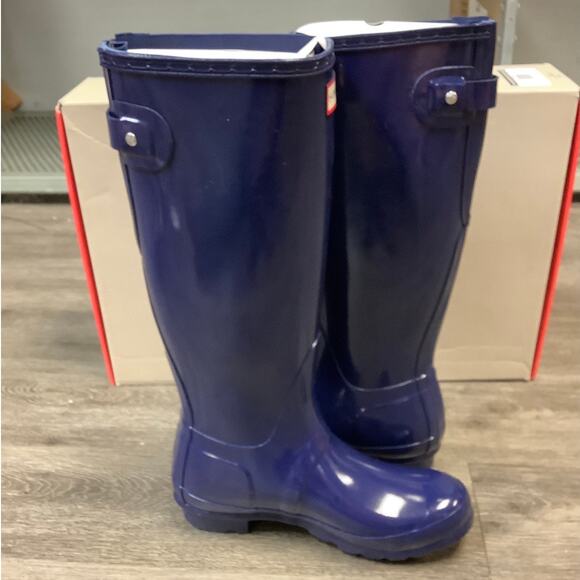 HUNTER Sz 7 Melody Blue Original Back Adjustable Gloss Rain Boots Pull On LM1-24 - Picture 4 of 10